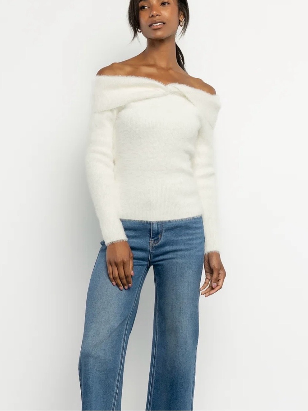 Baltic Born Fuzzy Off Shoulder Sweater L White Plush Winter Wonderland Bride